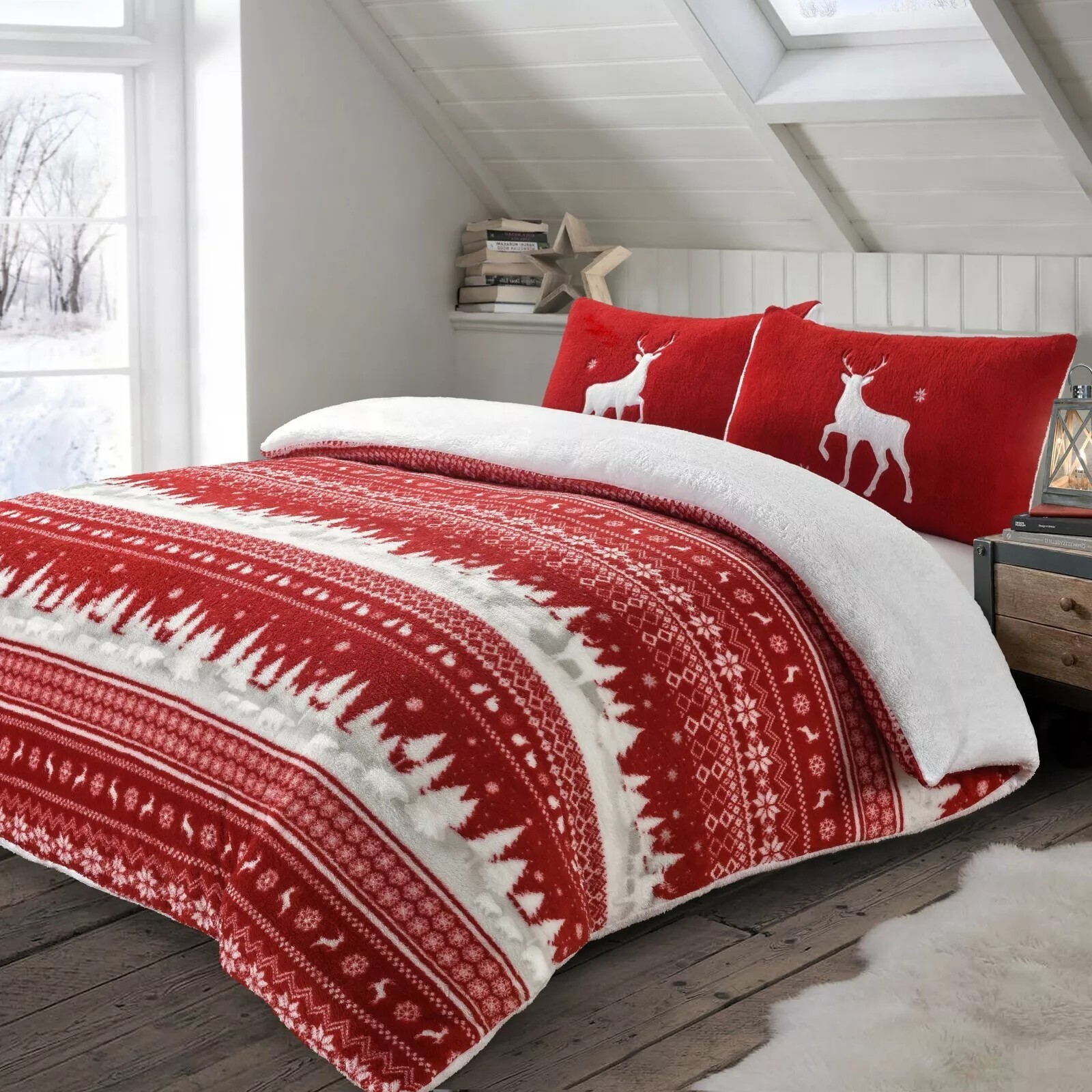 Velosso Red Nordic Teddy Warm And Cosy Duvet Cover And Pillowcase Set Super King