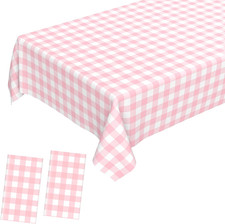 2 Pcs Pink Gingham Tablecloth, Disposable Plastic Pink Checkered Table Cloth, Pi