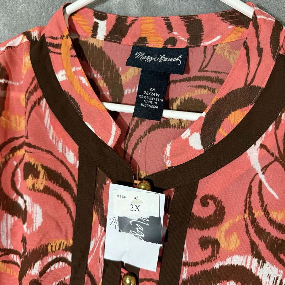 Nuevo con etiquetas Top Maggie Barnes 2X Túnica Artística Rosa Remolino Dorado Semi Transparente Ligero Foto 3 de 4