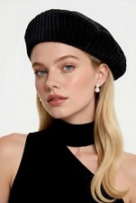 Vintage Hat Black Velvet Beret Nylon Lined 8" Rim Small