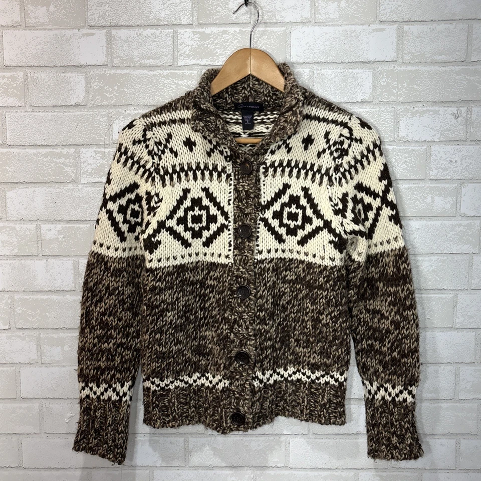 Cardigã Feminino Chunky Wool Blnd Chocolate Brown Fair Isle Pequeno Academia Asteca - Imagem 2 de 4