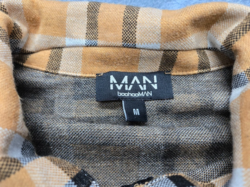 Camisa de franela BOOHOO para hombre mediana a cuadros manga larga naranja/negro/blanco con cremallera Foto 3 de 4