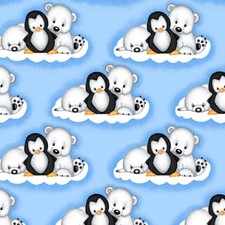 Comfy Flannel Blue Polar Bear, Penguin, Seal Fabric N-1055-11 BTY