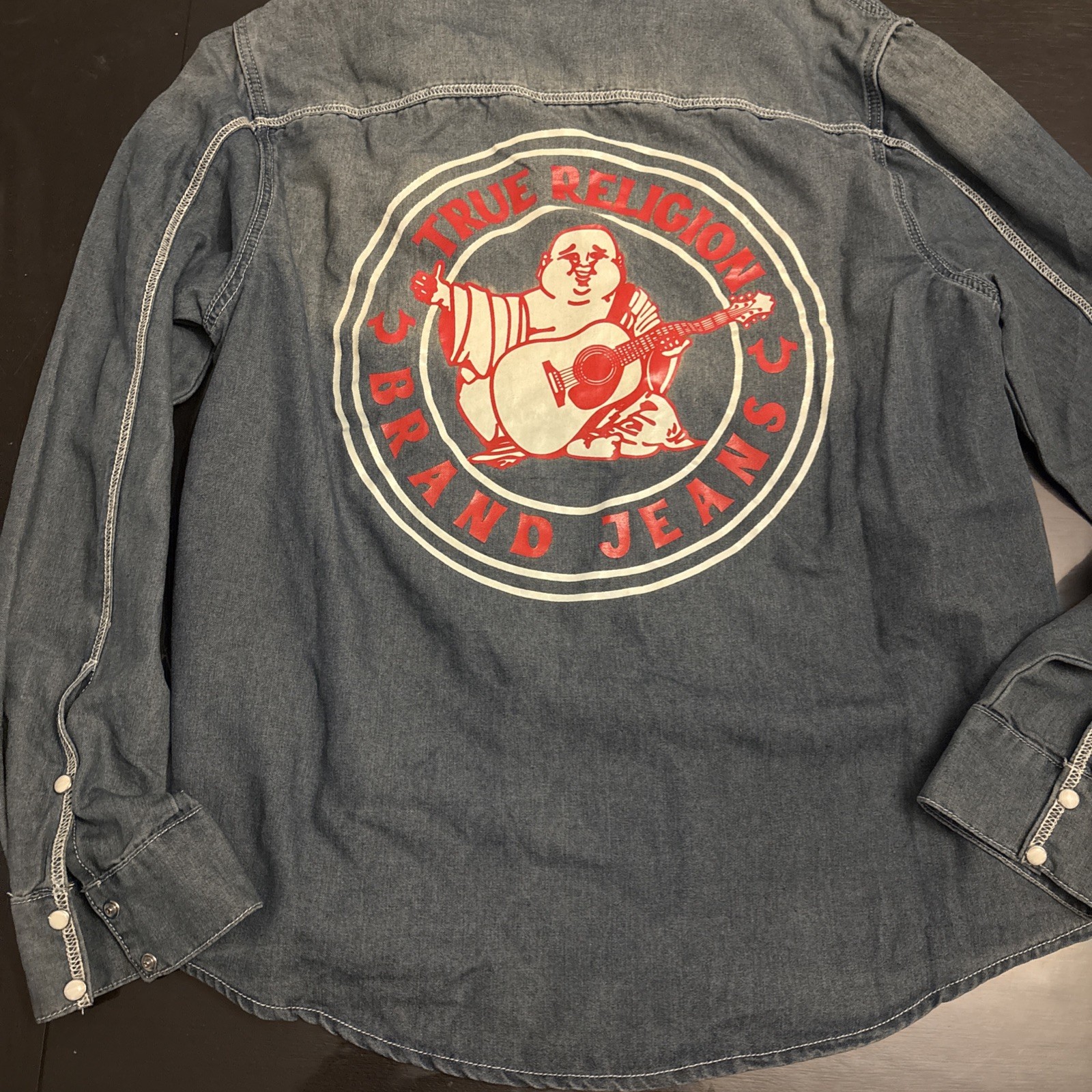 True Religion Men's Size M Medium Wash Long Sleeve Chambray Snap Denim Shirt NWT thumbnail 10