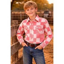 True VTG Western Art boys long sleeve pearl snap red whit gingham 10 pearly