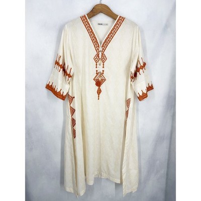 Khaadi Pakistan Cotton Ethnic White Rust Lightweight Tunic Dress Women's Size 14