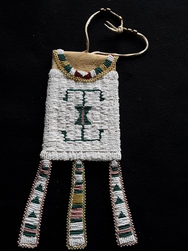 NATIVE AMERICAN LEATHER BEADED BAG, DEER HIDE TOBACCO POUCH, SB-0726*09233