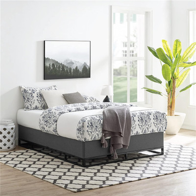 Venice Queen Black Metal Bed Frame with Grey Upholstered Foundation