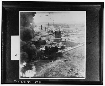 Industrial Plant Fire Smoke Aerial View 1910s Factory Refineries Canals