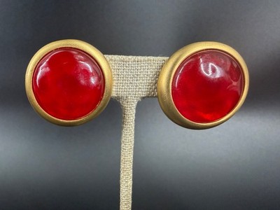 Vtg Signed Ann Taylor Large Red Lucite Cabochon Clip-On Earrings Gold Tone