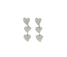 Silver Tone Pave Rhinestones Triple Heart Cubic Zirconia Drop Earrings