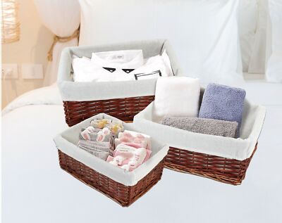 Weidenkorb Korb 3er Set Stoff gefüttert Deko Aufbewahrung Bad Schlafzimmer