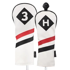 Majek Retro Golf #3 & H Wood & Hybrid Headcover White Red Black Leather Style