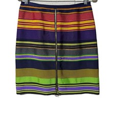 J McLaughlin Ribbon Colorful Striped Pencil Skirt 4 Front Zip Going Out FLAW