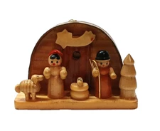 Vintage Wooden Nativity Scene Christmas Ornament MCM Jesus Mary Joseph Manger