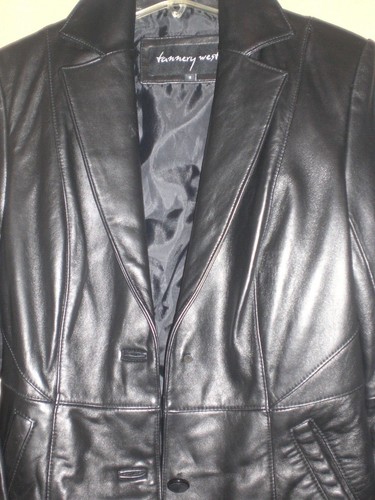 Black Leather Jacket Tannery West Leather Polyester SZ S Small Solid Button