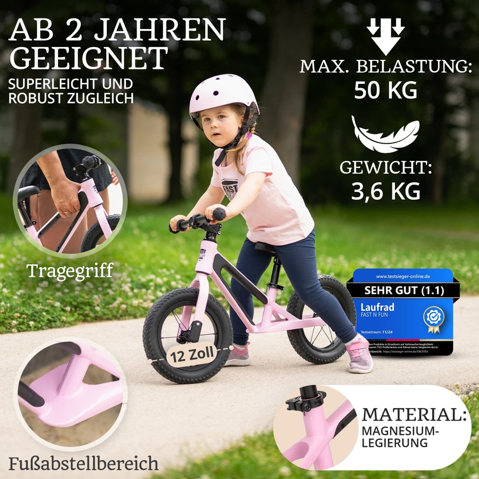FAST N FUN Laufrad mit Helm im Set für Kinder ab 2 Jahre , Kinderlaufrad 12 zoll - Bild 2 von 4