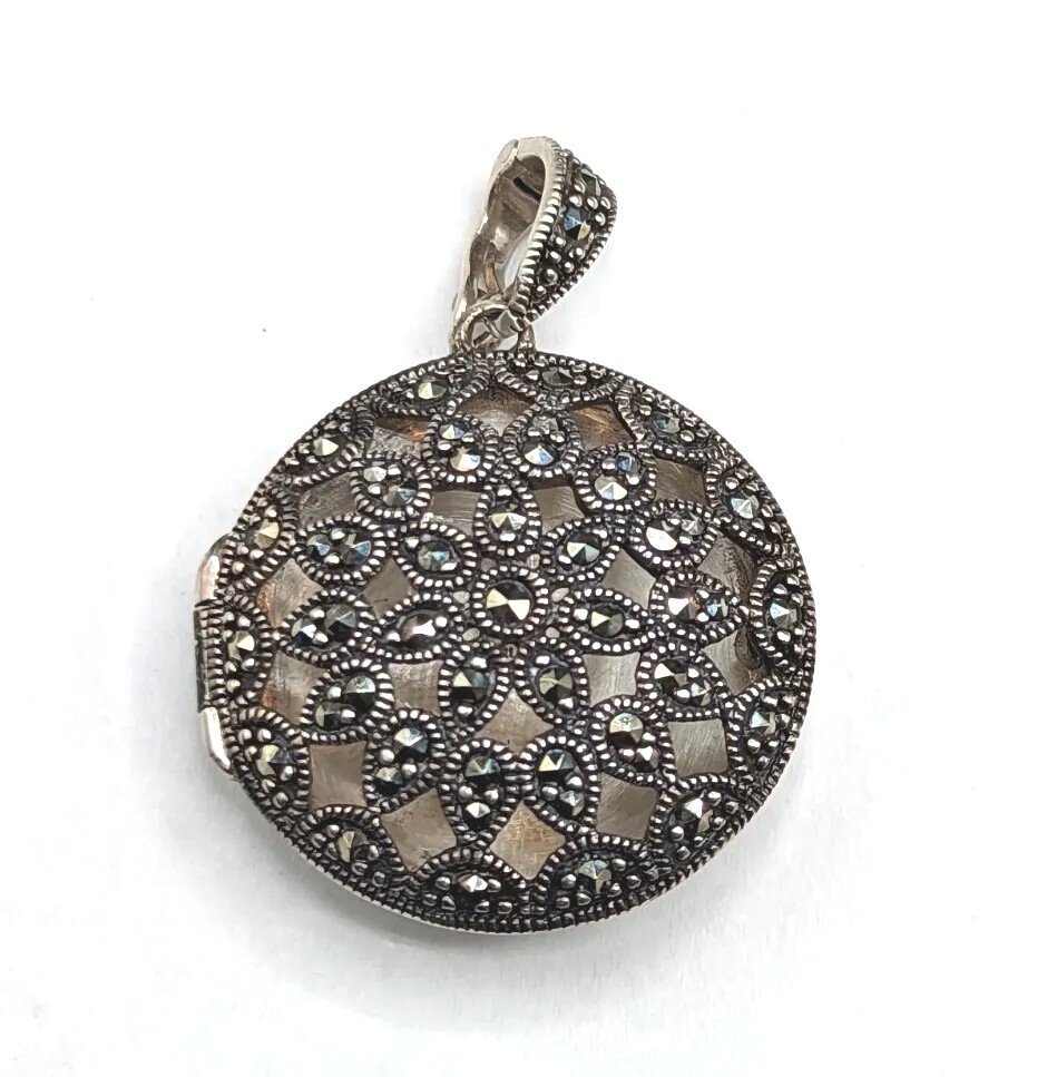 Vintage Sterling Silver Round Circle Marcasite Locket Box Enhancer Pendant
