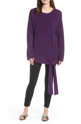 HALOGEN NEW $89 Tie Front Pullover Sweater Ribbed Purple Large
