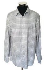 Perry Ellis Dress Shirt Men's Size X-Large Button Front Gray White Blue Checks