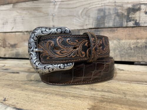Tony Lama Men's Pinto Brown Classic Tooled Western Belt Size 38 Made In USA - Afbeelding 1 van 4