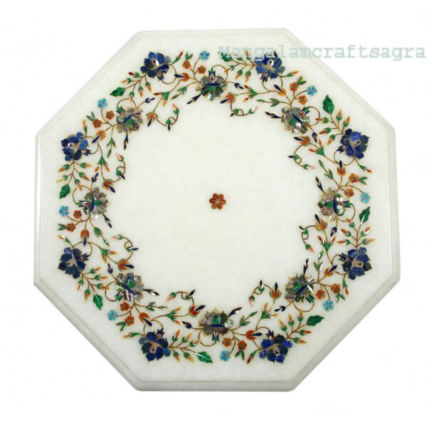12 Inch White Marble Side Table with Floral Semi-Precious Stone Inlay Handmade Decor
