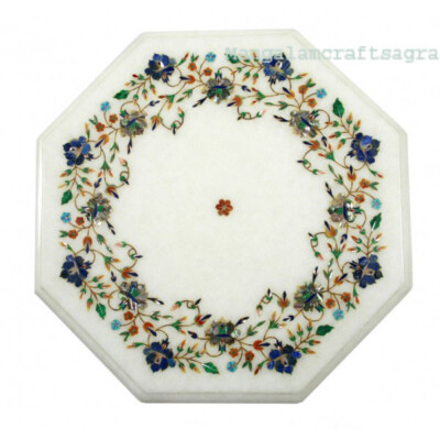 15'' White Marble Side Table Top semi precious stones Floral inlay Handmade Decor