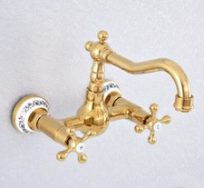 Gold Color Brass Bathroom Kitchen Dual Handles Sink Faucet Wall Mount fsf619