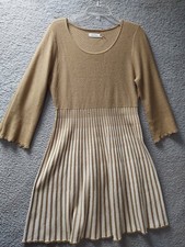 Calvin Klein Womens Sweater Dress Large Beige White Striped 3/4 Sleeve