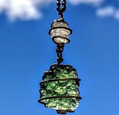 MOLDAVITE & PHENAKITE Pendant REAL GOLD! Phenacite Crystal Necklace Meteorite