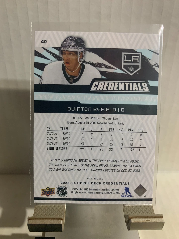 2023-24 Upper Deck Credentials Ice Blue Quinton Byfield #40 Los Angeles Kings - Image 2 of 2