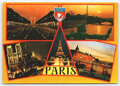 France Paris, Famous Landmarks at Night, Eiffel Tower, Seine, Chrome 1973, 6 x 4