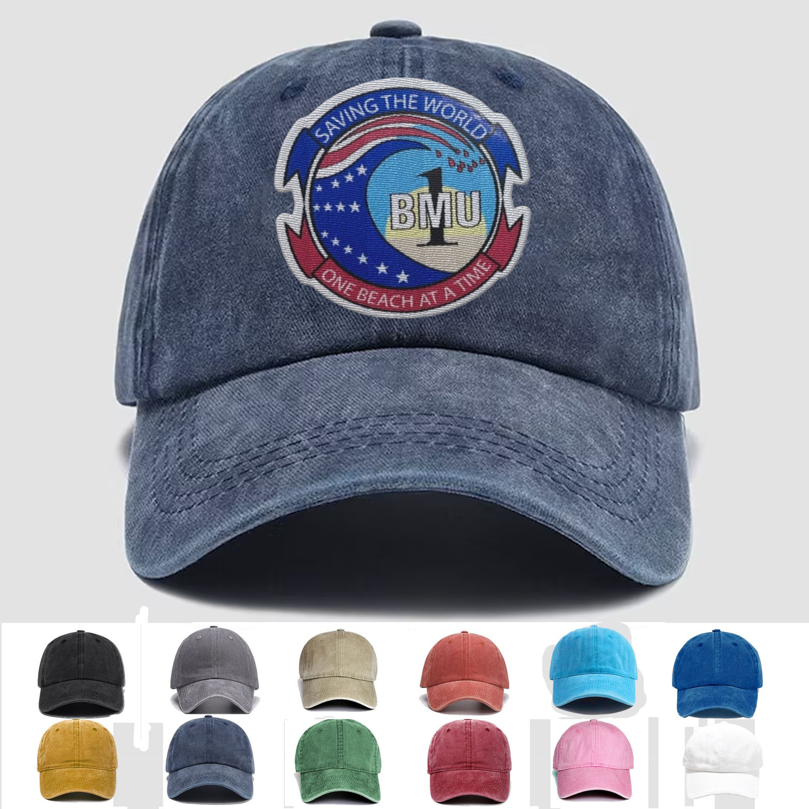 Custom Embroidered Hat USN BMU-1 Saving the World One Beach at a Time, Gift Idea