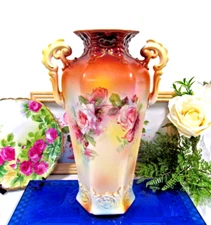 Antique Czechoslovakia Republic Two Handled Vase with pink roses