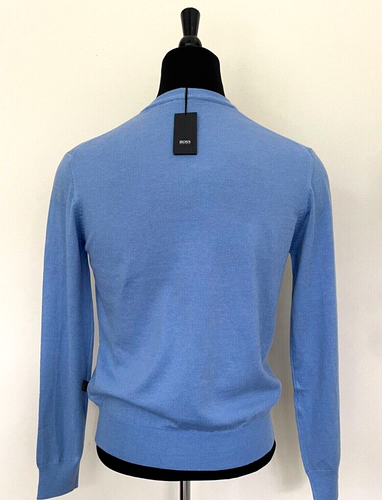 New HUGO BOSS Logo Sweater S size Regular Fit Blue Wool V Neck Pullover