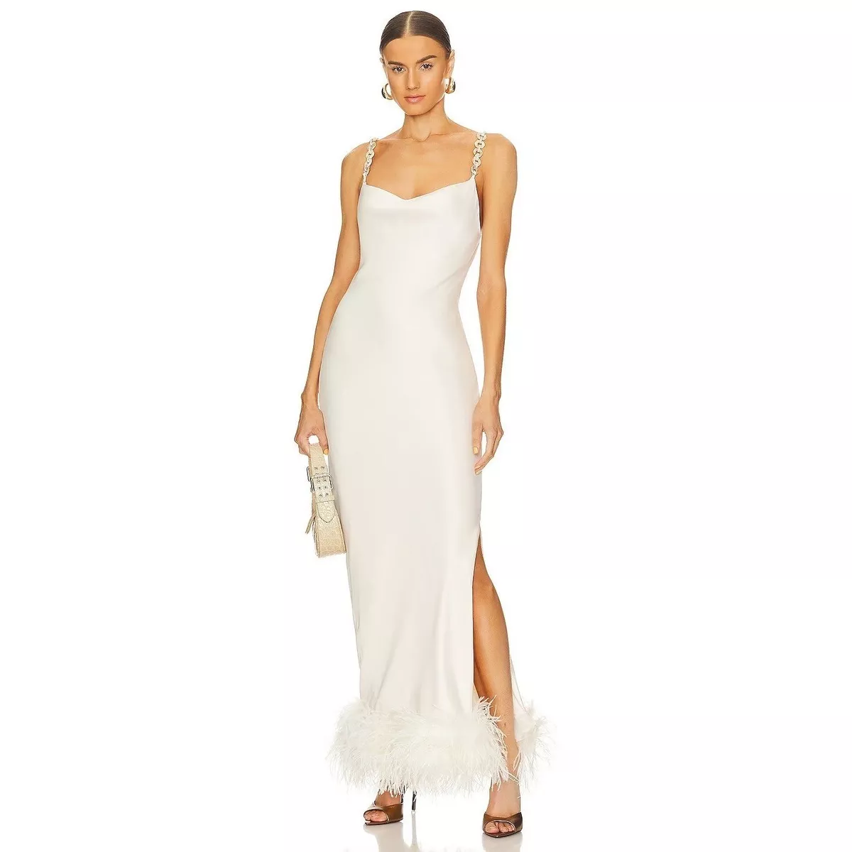 Bubish Luxe Farrah Feather Trim Slip Dress in Ivory Large New Womens