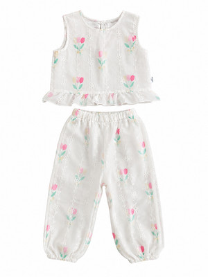 SHEIN Girls 2-3Y White Floral Ruffle Toddler Girls Top & Pants Outfit Set 2Pc