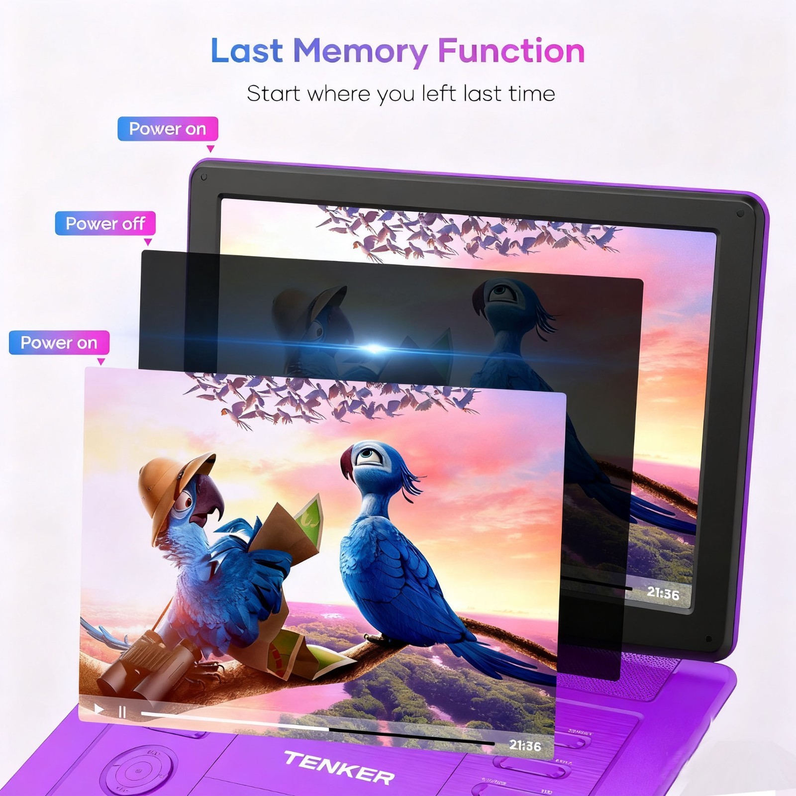 TENKER Portable DVD Player Rechargeable Battery 14" Swivel Screen Region-Free