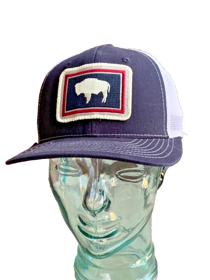 Gorra de camionero azul y blanca con bandera del estado de Wyoming Buffalo. Tapas NV. OSFM. Foto 4 de 4