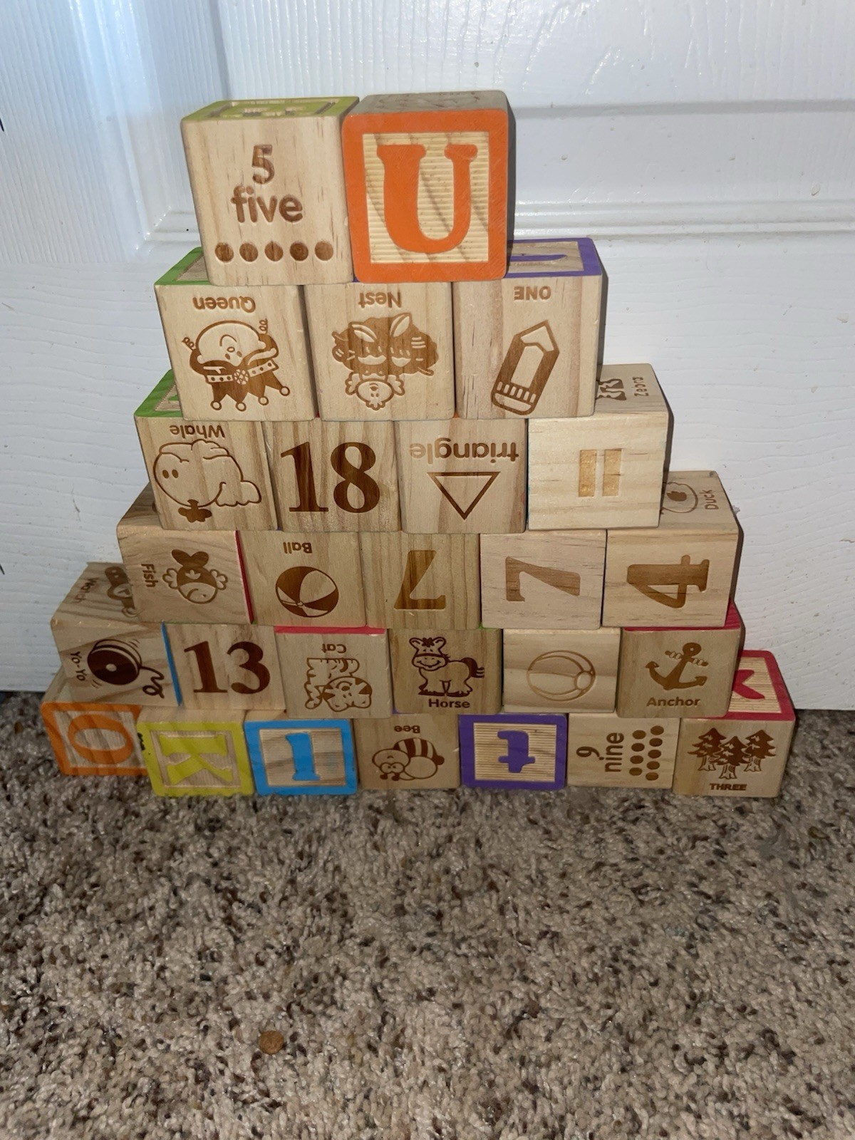 Childrens Wooden Stacking Blocks Alphabet Numbers Math Symbols Lot Of 27