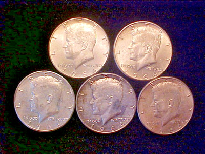 5 Silver 90% Pure Kennedy Half Dollars 1964 FREE S&H Best GENUINE Deal on eBay!