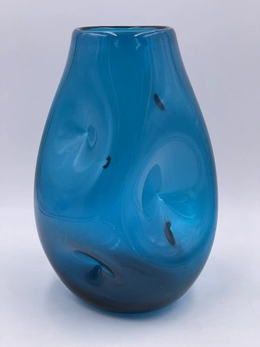 Blenko 10” Pinched Dimpled Aqua Blue Glass Vase Winslow Anderson MCM Vtg