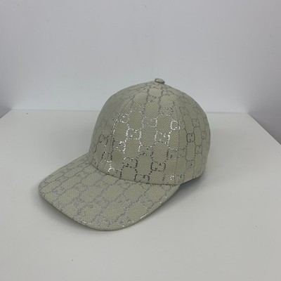 Gucci GG Monogram Silver Lamé Canvas Baseball Cap Hat White Size M