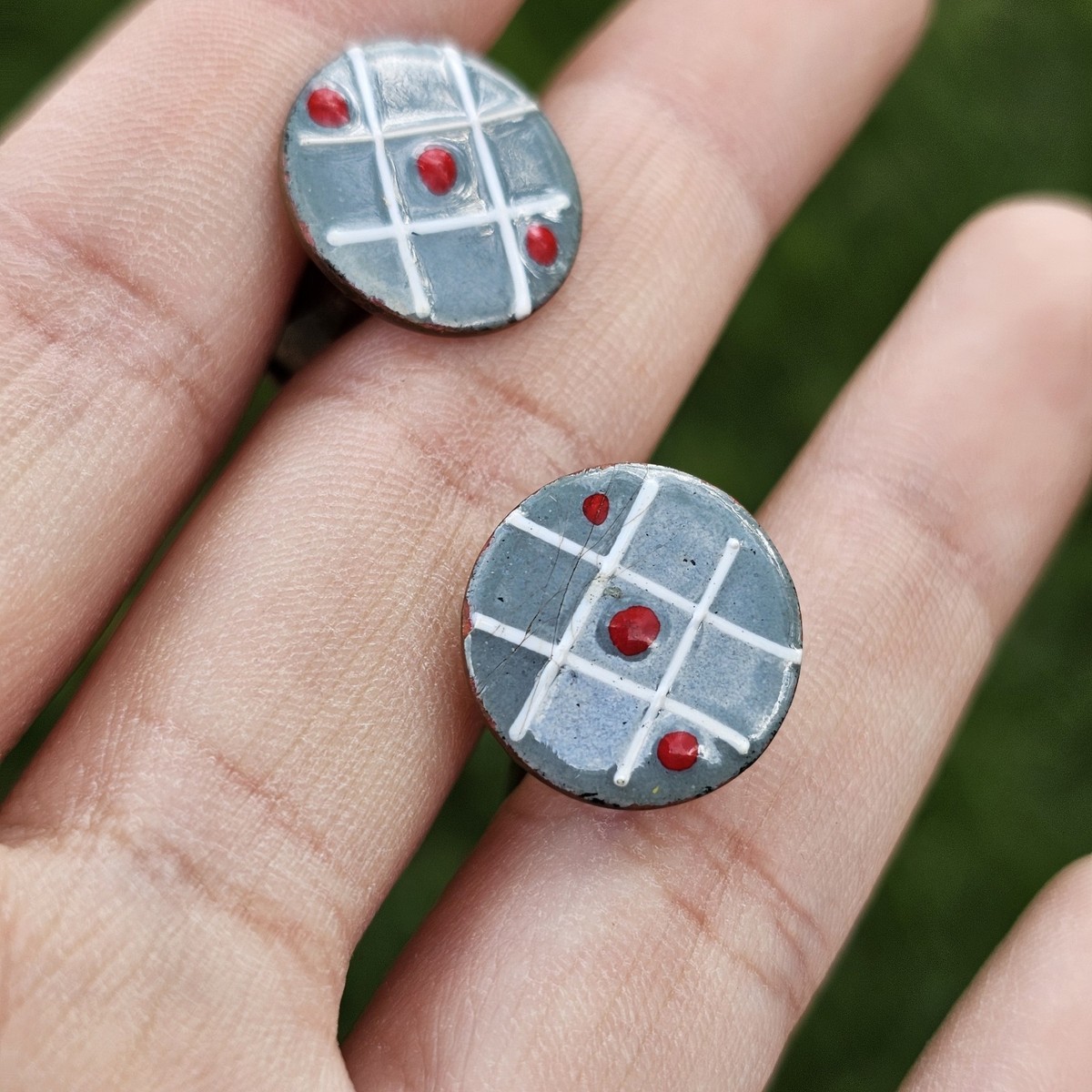 Vtg Copper Enamel Cufflinks Cuff Links Retro Abstract MCM Tic Tac Toe Game READ View 2