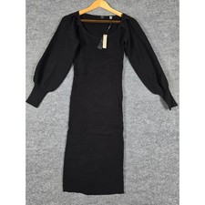 Tahari Black Viscose Blend Ribbed Long Sleeve Square Neck Midi Dress S