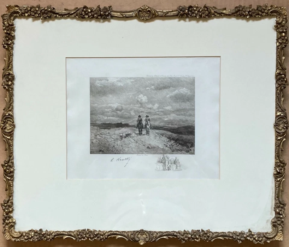 Acquaforte London 1892 Antico Paris Paesaggio Cavalli Persone Cornice Decorata - Immagine 2 di 4