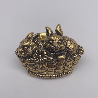 Vintage Gold Tone Easter Bunny Basket Brooch Pin