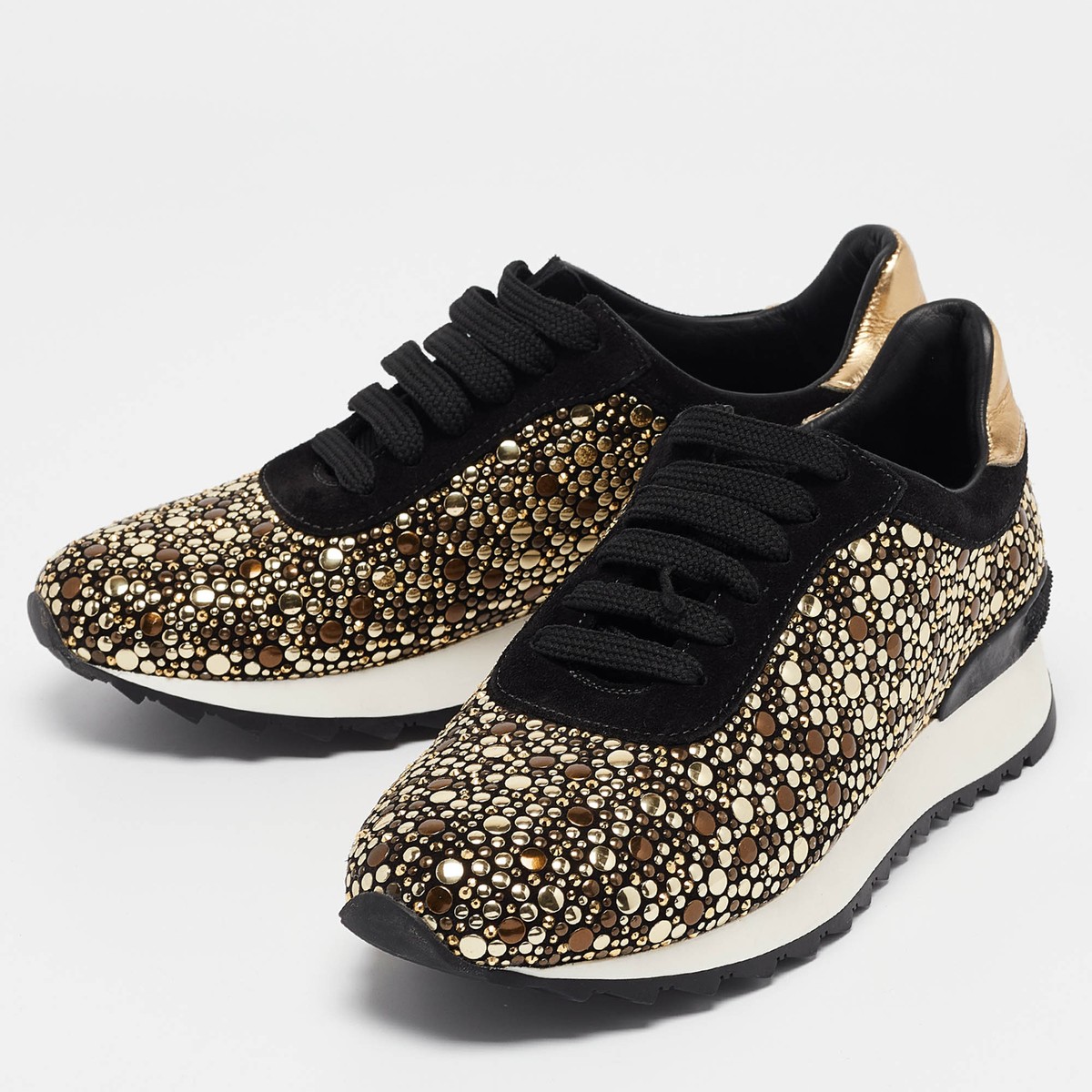 Casadei Black/Gold Suede and Leather Studded Low Top