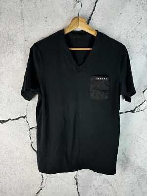 Prada Milano Tab Logo V Neck Nylon Pocket Shoulder T-Shirt