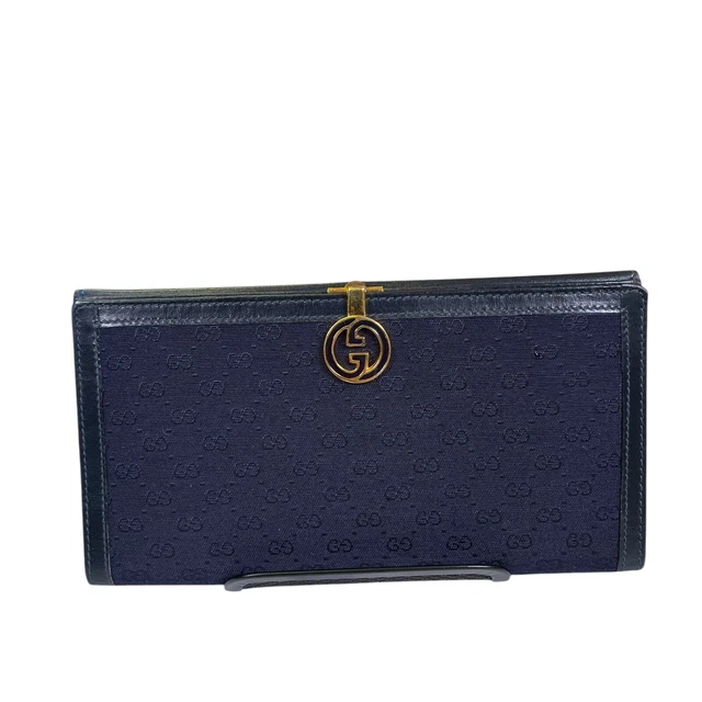 Gucci GG Navy Blue Canvas Leather Micro Monogram International Gold Snap Wallet